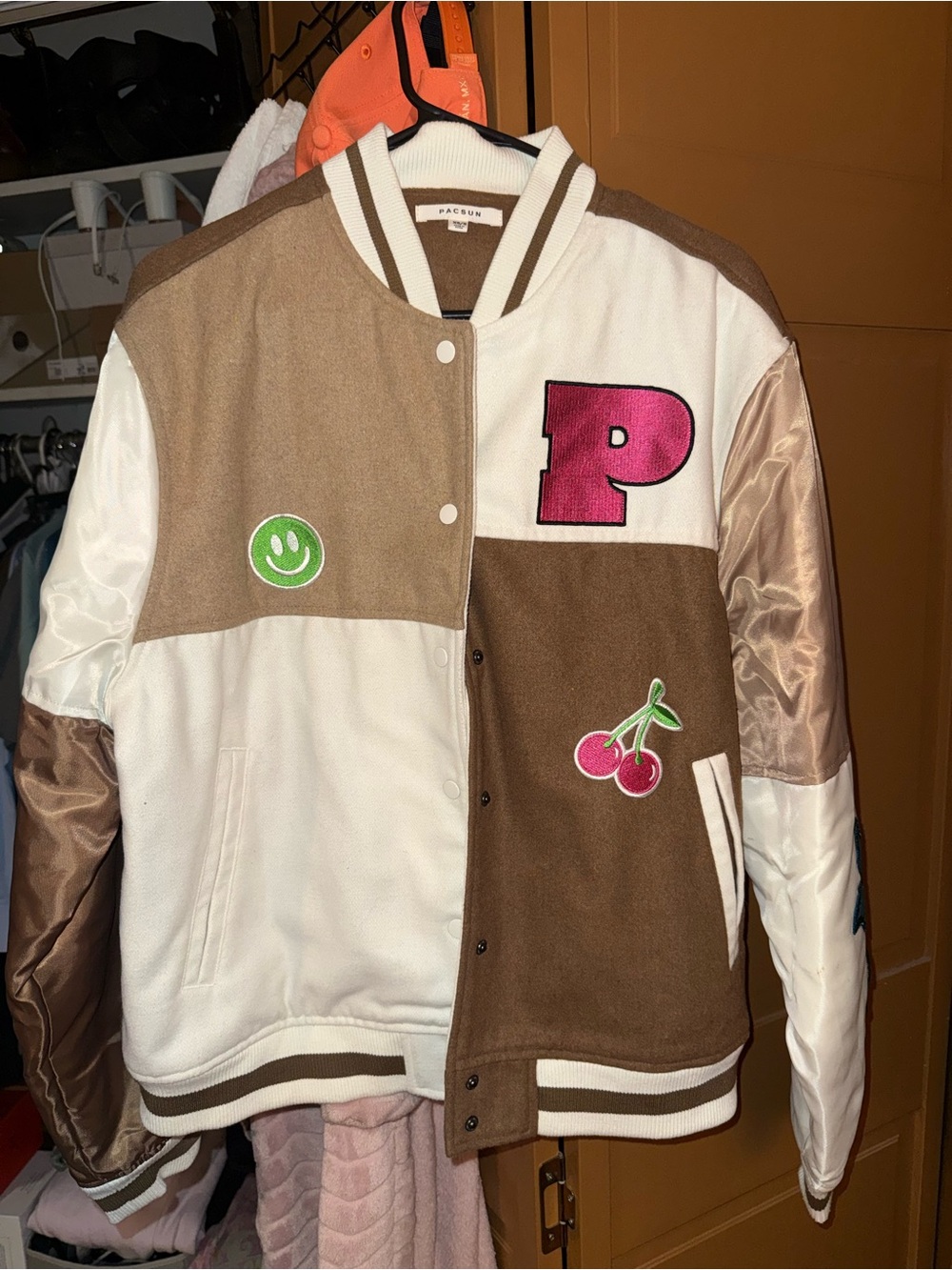 Pacsun women’s Brown & White Varsity Jacket with Pink 'P' and Cherry Patches
